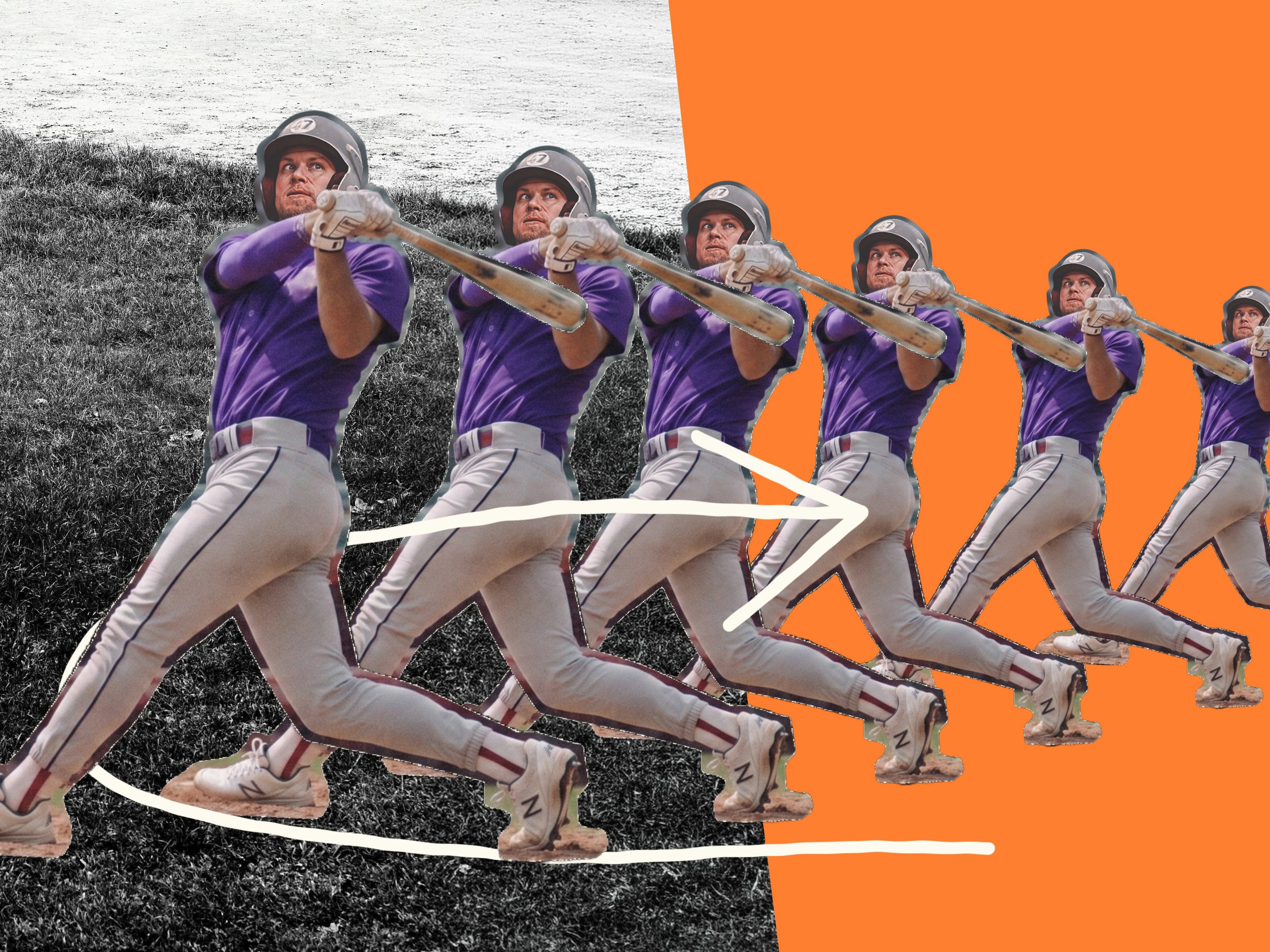 Mágicos baseball player repeated in a swing sequence over an orange field